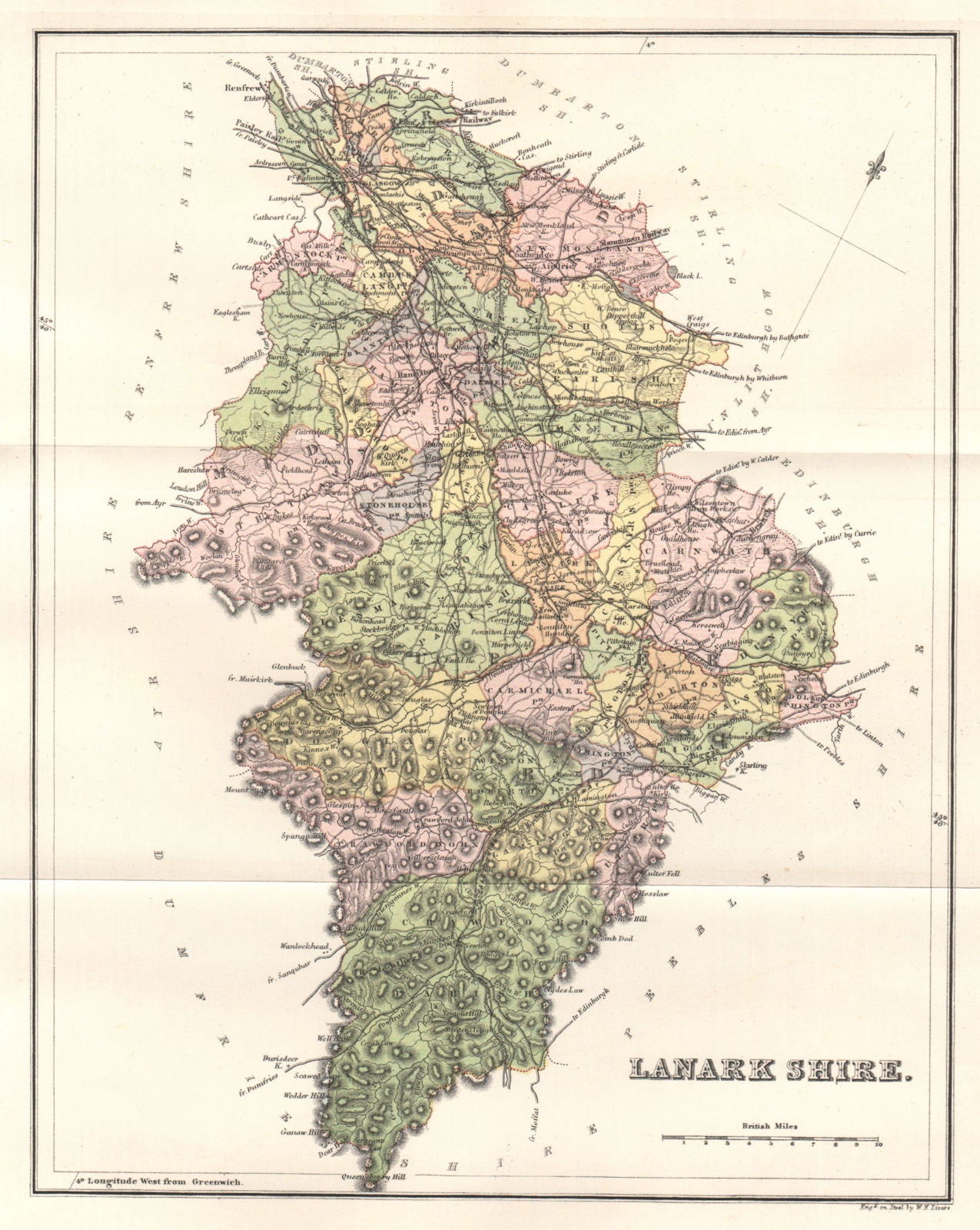 LANARKSHIRE. Antique county map. Parishes. Glasgow. Scotland. LIZARS 1885